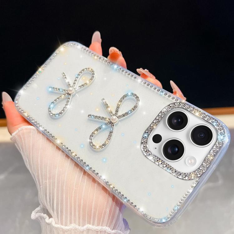 

For iPhone 16 Pro Max Diamond Glitter Dual Bow-knot Shockproof Phone Case(Transparent)