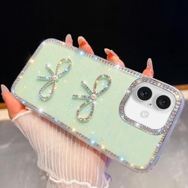

For iPhone 16 Diamond Glitter Dual Bow-knot Shockproof Phone Case(Light Green)