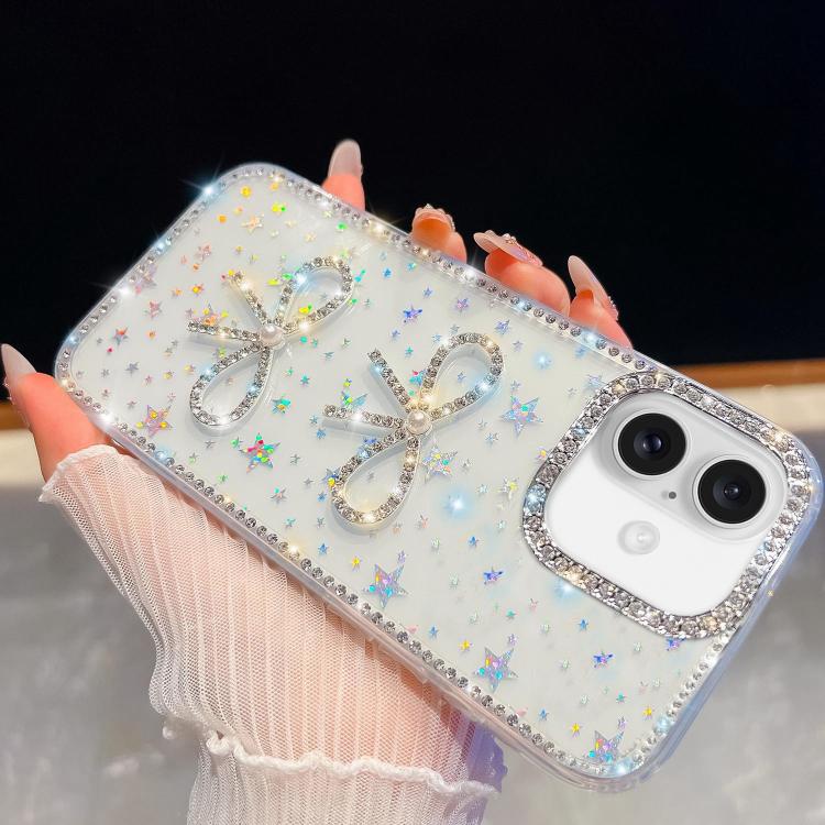 

For iPhone 16 Diamond Glitter Dual Bow-knot Shockproof Phone Case(Transparent Stars)