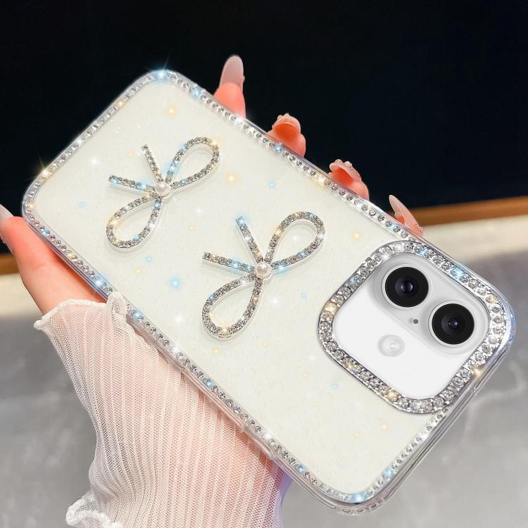 

For iPhone 16 Plus Diamond Glitter Dual Bow-knot Shockproof Phone Case(White)