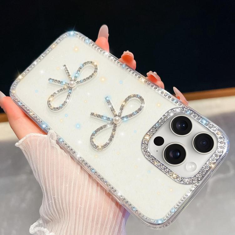 

For iPhone 15 Pro Diamond Glitter Dual Bow-knot Shockproof Phone Case(White)