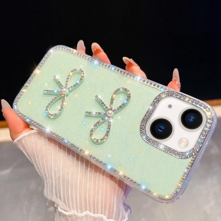 

For iPhone 14 Diamond Glitter Dual Bow-knot Shockproof Phone Case(Light Green)