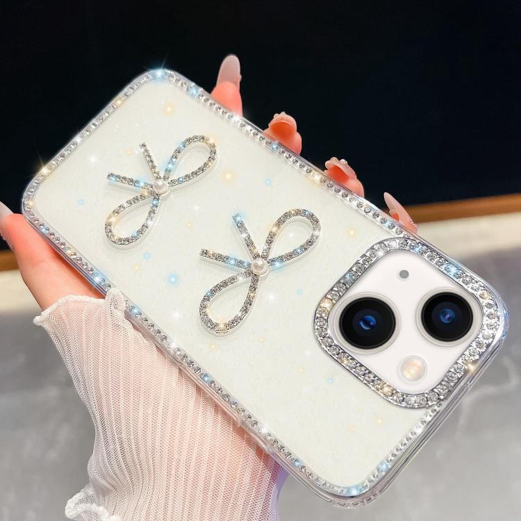 

For iPhone 14 Diamond Glitter Dual Bow-knot Shockproof Phone Case(White)