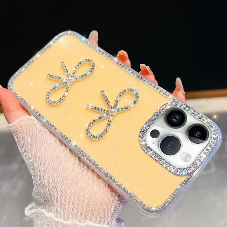 

For iPhone 14 Pro Diamond Glitter Dual Bow-knot Shockproof Phone Case(Light Yellow)