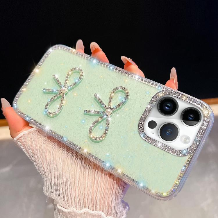 

For iPhone 14 Pro Max Diamond Glitter Dual Bow-knot Shockproof Phone Case(Light Green)