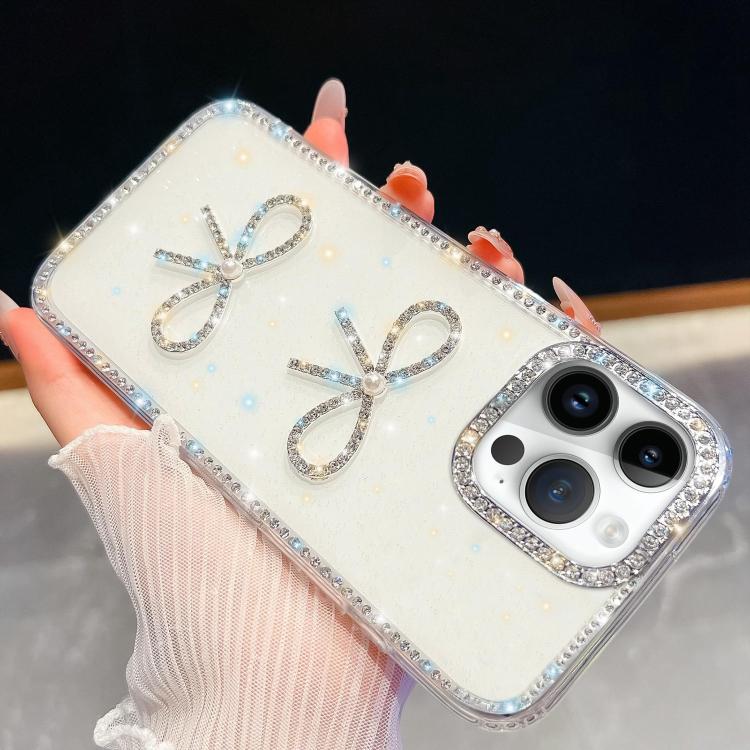 

For iPhone 13 Pro Max Diamond Glitter Dual Bow-knot Shockproof Phone Case(White)