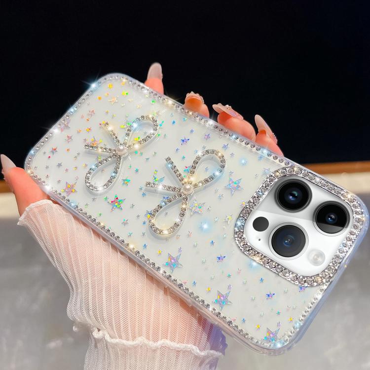

For iPhone 13 Pro Max Diamond Glitter Dual Bow-knot Shockproof Phone Case(Transparent Stars)