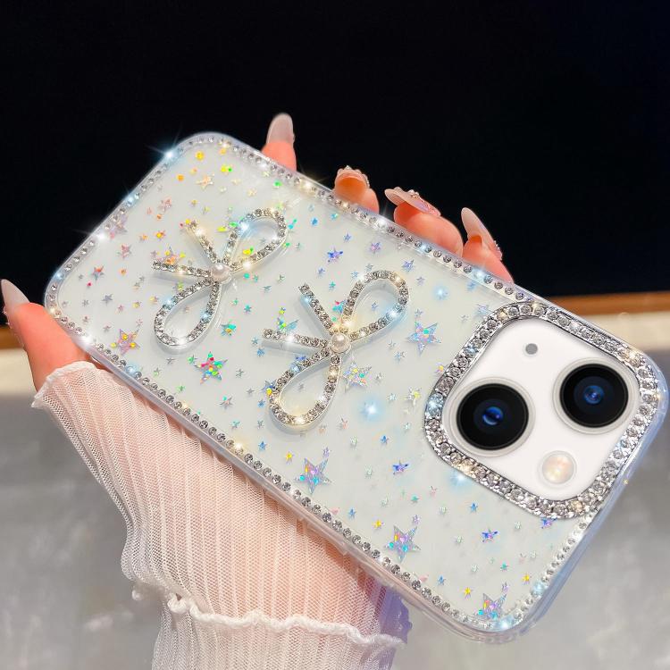 

For iPhone 13 Diamond Glitter Dual Bow-knot Shockproof Phone Case(Transparent Stars)