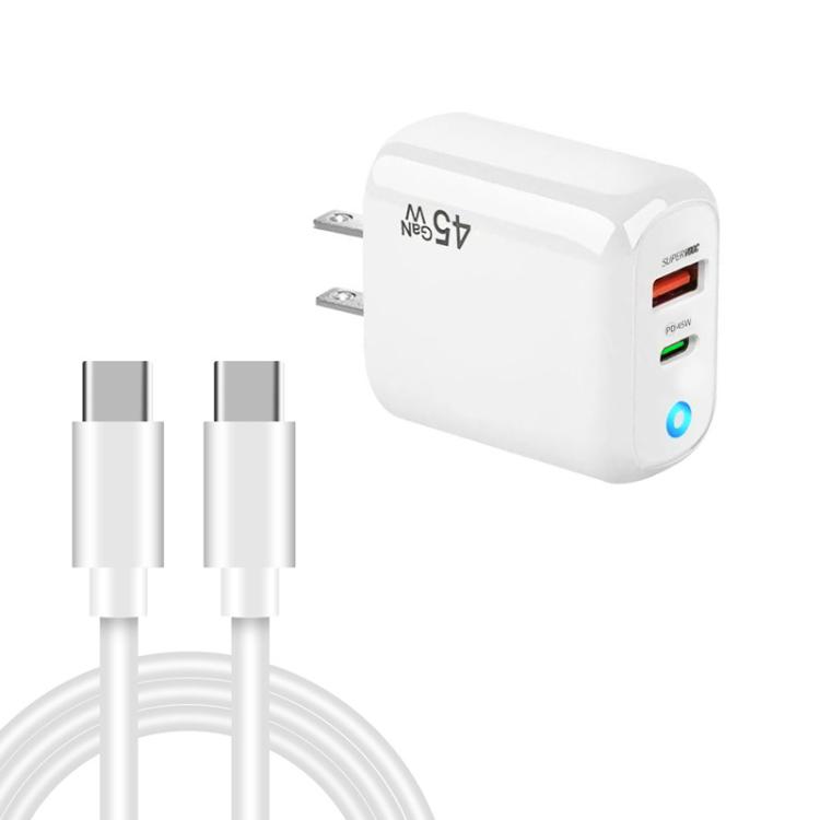 

TE-PD45 GaN 45W PD3.0 / Type-C + USB 3.0 Charger with Type-C to Type-C Data Cable, US Plug(White)