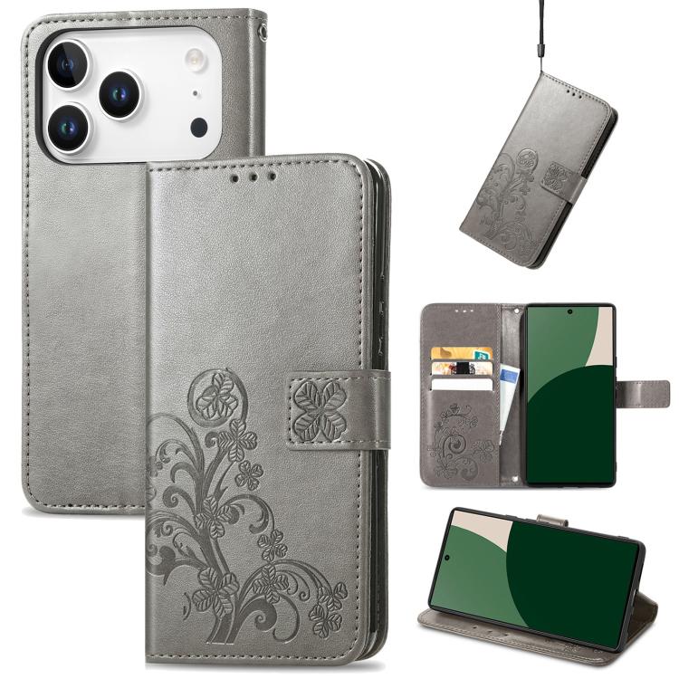 

For iPhone 17 Pro Max Four-leaf Clasp Embossed Buckle Leather Phone Case(Gray)