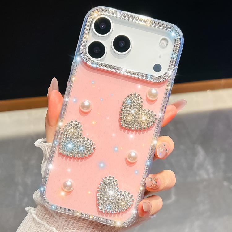 

For iPhone 17 Pro Max Diamond Glitter Pearl Heart Four-Corner Shockproof Phone Case(Light Pink)