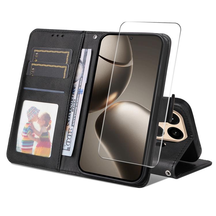 

For Xiaomi 15T ENKAY Card Wallet Calf Texture Leather Phone Case with 0.18mm High Aluminum-silicon Glass Film(Black)