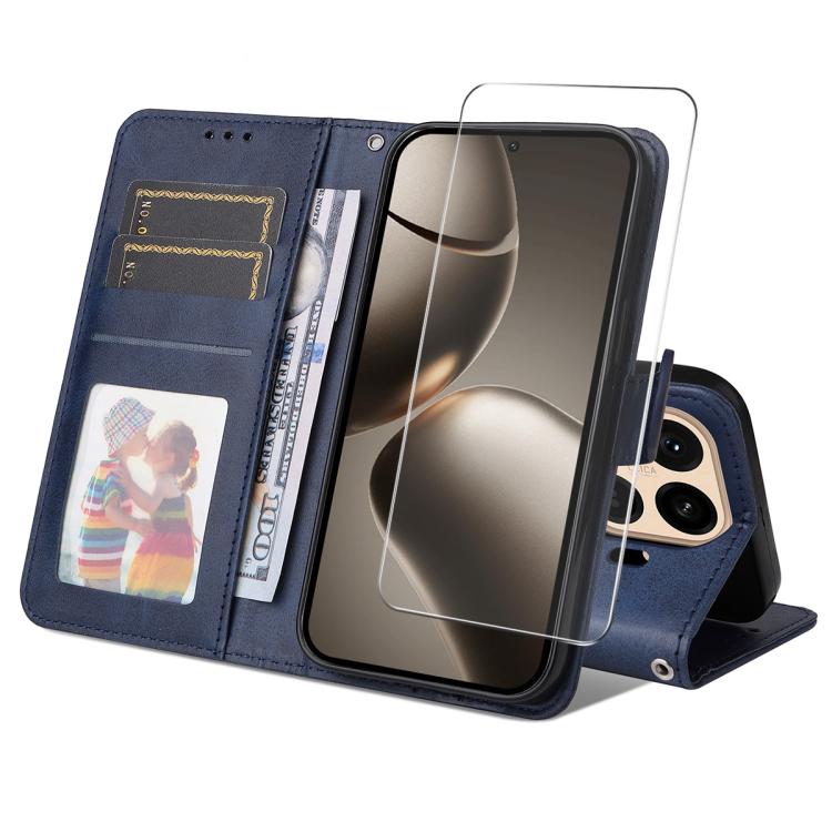 

For Xiaomi 15T ENKAY Card Wallet Calf Texture Leather Phone Case with 0.18mm High Aluminum-silicon Glass Film(Blue)