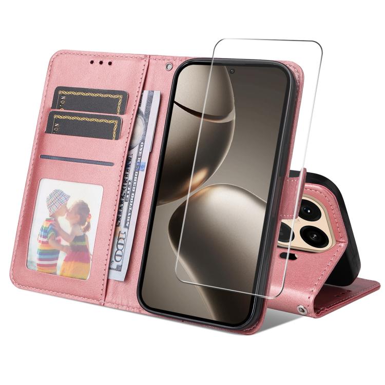 

For Xiaomi 15T Pro ENKAY Card Wallet Calf Texture Leather Phone Case with 0.18mm High Aluminum-silicon Glass Film(Pink)
