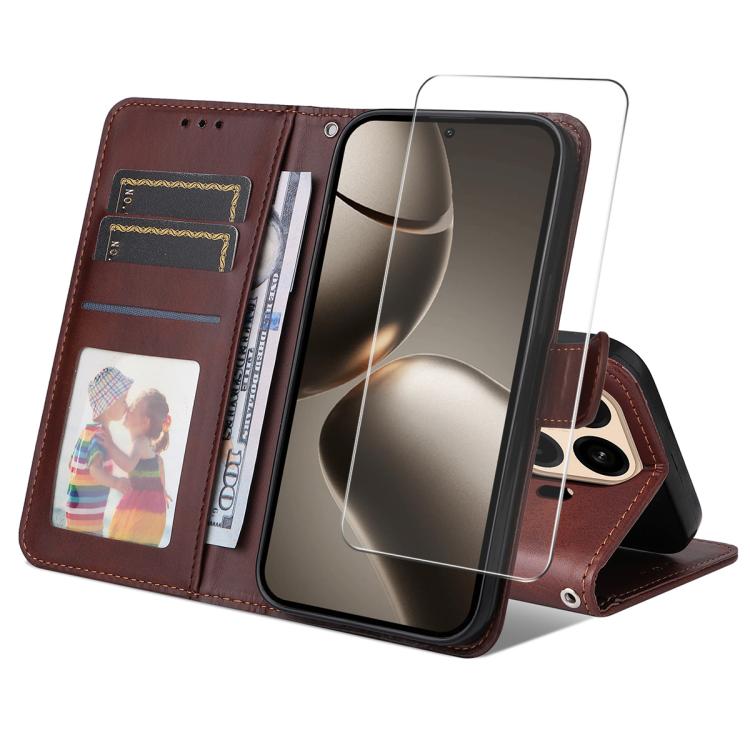 

For Xiaomi 15T Pro ENKAY Card Wallet Calf Texture Leather Phone Case with 0.18mm High Aluminum-silicon Glass Film(Brown)