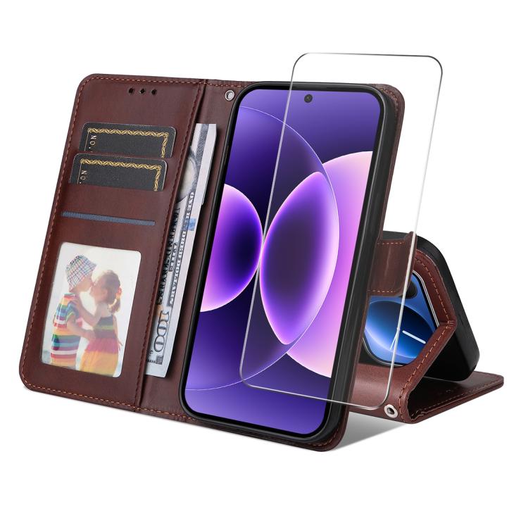 

For Xiaomi 17 Pro Max ENKAY Card Wallet Calf Texture Leather Phone Case with 0.18mm High Aluminum-silicon Glass Film(Brown)