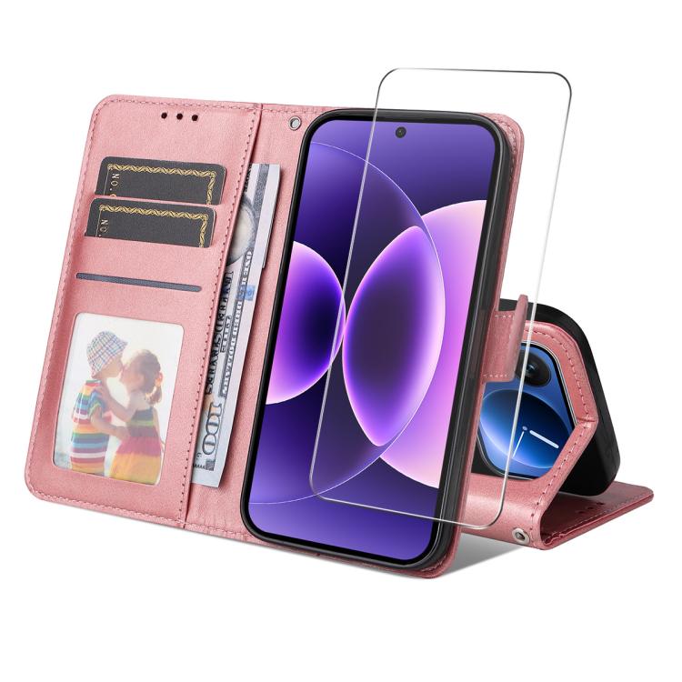 

For Xiaomi 17 Pro ENKAY Card Wallet Calf Texture Leather Phone Case with 0.18mm High Aluminum-silicon Glass Film(Pink)