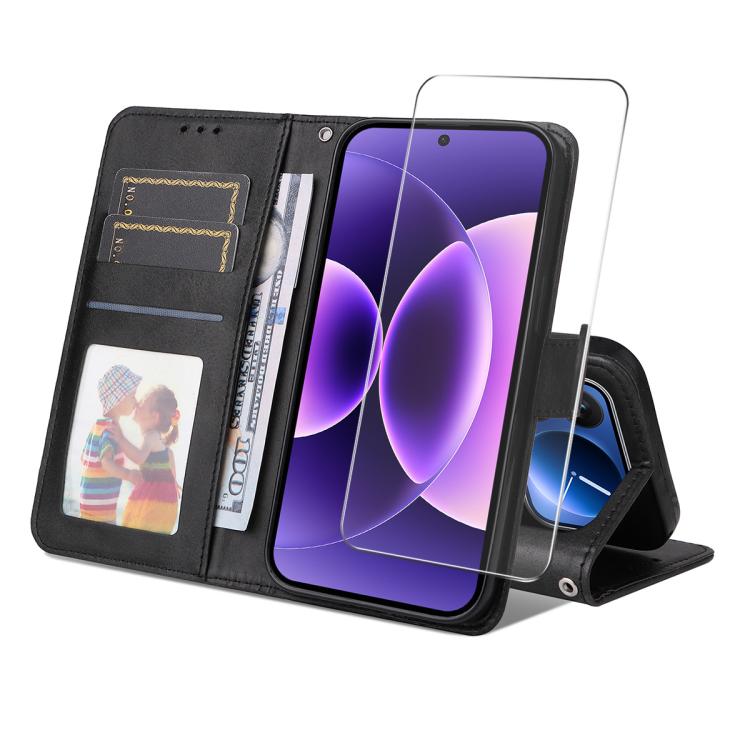 

For Xiaomi 17 Pro ENKAY Card Wallet Calf Texture Leather Phone Case with 0.18mm High Aluminum-silicon Glass Film(Black)