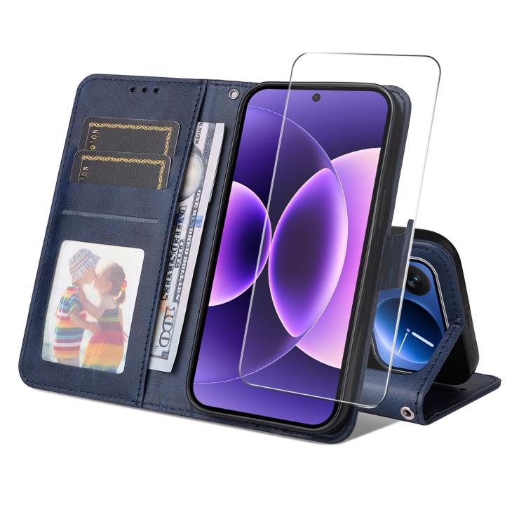 

For Xiaomi 17 Pro ENKAY Card Wallet Calf Texture Leather Phone Case with 0.18mm High Aluminum-silicon Glass Film(Blue)