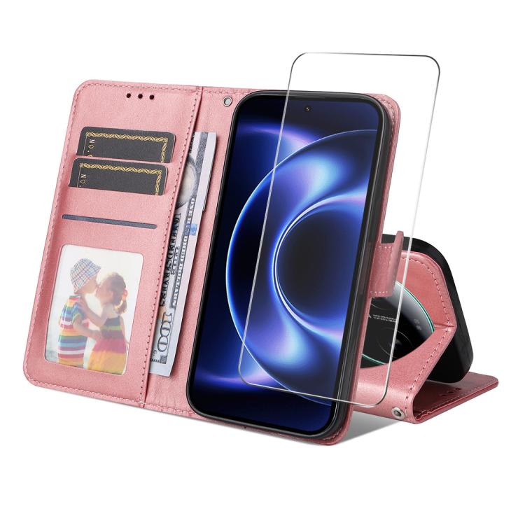

For Xiaomi 17 Ultra ENKAY Card Wallet Calf Texture Leather Phone Case with 0.18mm High Aluminum-silicon Glass Film(Pink)