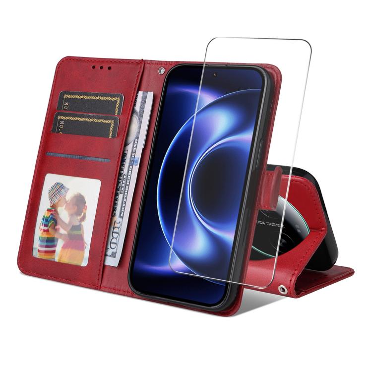 

For Xiaomi 17 Ultra ENKAY Card Wallet Calf Texture Leather Phone Case with 0.18mm High Aluminum-silicon Glass Film(Red)