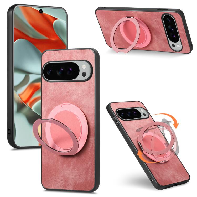 

For Google Pixel 10 XL Retro Leather Rotation Round Holder Phone Case(Pink)