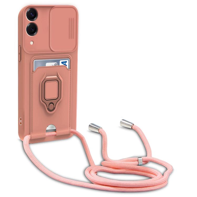 

For Samsung Galaxy S25 Edge 5G Sliding Camshield Magnetic Card Holder Silicone Phone Case with Lanyard(Pink)