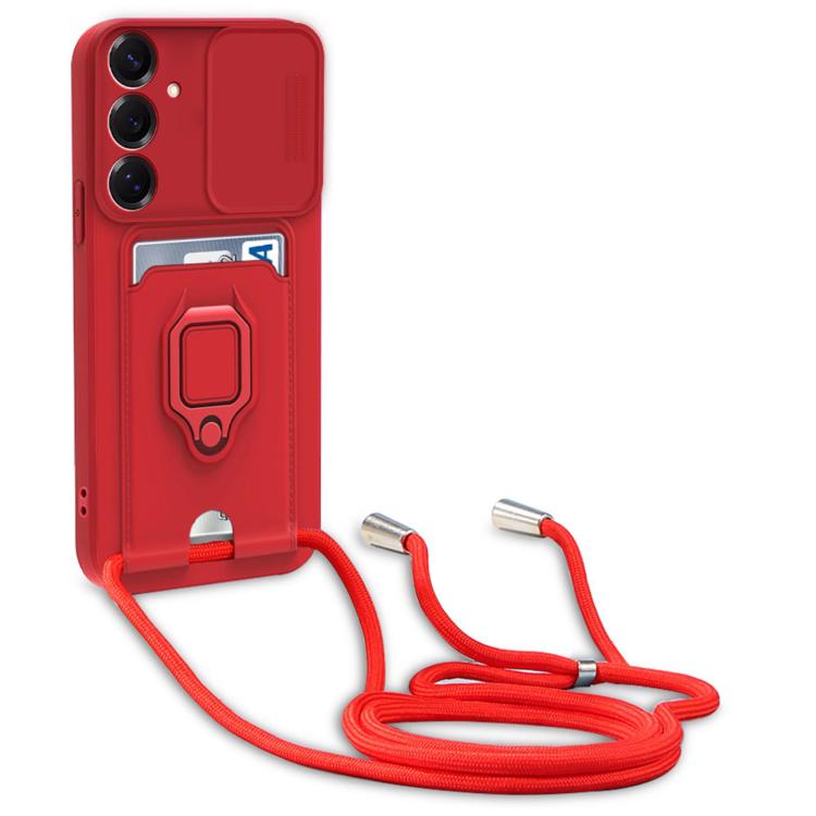 

For Samsung Galaxy S25 5G Sliding Camshield Magnetic Card Holder Silicone Phone Case with Lanyard(Red)