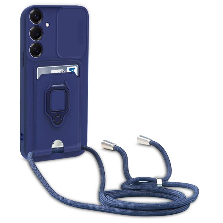

For Samsung Galaxy S25+ 5G Sliding Camshield Magnetic Card Holder Silicone Phone Case with Lanyard(Navy Blue)