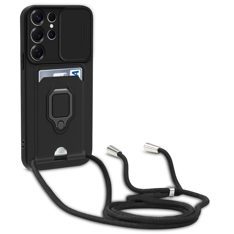 

For Samsung Galaxy S25 Ultra 5G Sliding Camshield Magnetic Card Holder Silicone Phone Case with Lanyard(Black)