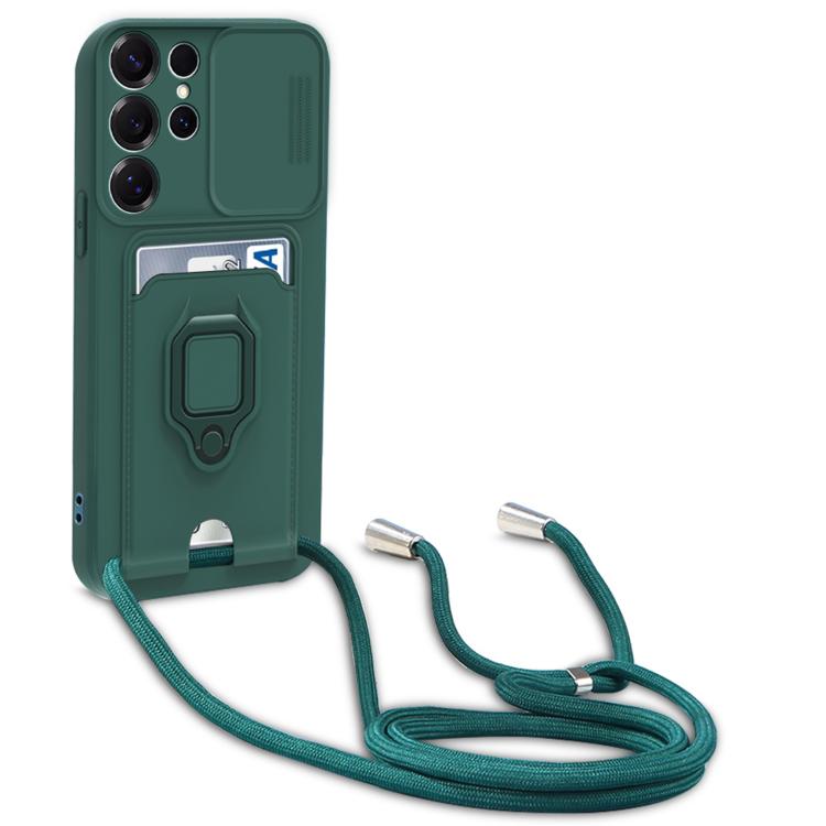 For Samsung Galaxy S25 Ultra 5G Sliding Camshield Magnetic Card Holder Silicone Phone Case with Lanyard(Dark Night Green)
