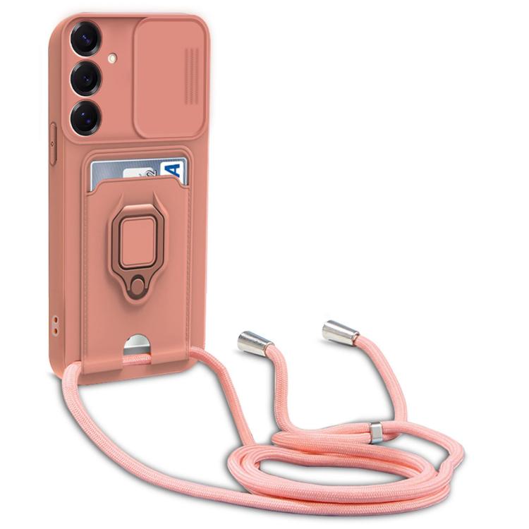 

For Samsung Galaxy S24 5G Sliding Camshield Magnetic Card Holder Silicone Phone Case with Lanyard(Pink)