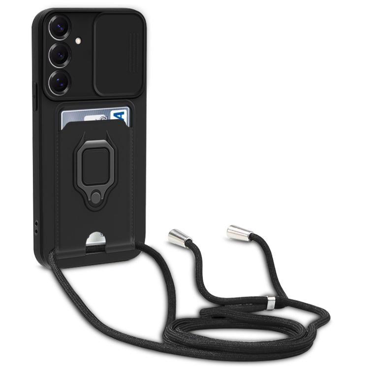 

For Samsung Galaxy S23 FE 5G Sliding Camshield Magnetic Card Holder Silicone Phone Case with Lanyard(Black)
