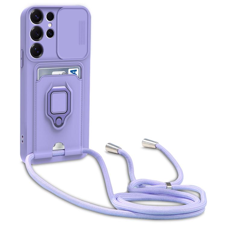 

For Samsung Galaxy S23 Ultra 5G Sliding Camshield Magnetic Card Holder Silicone Phone Case with Lanyard(Light Purple)