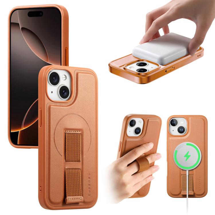 

For iPhone 14 Plus CaseNeo Finger Grip Wristband MagSafe Back Phone Case(Brown)