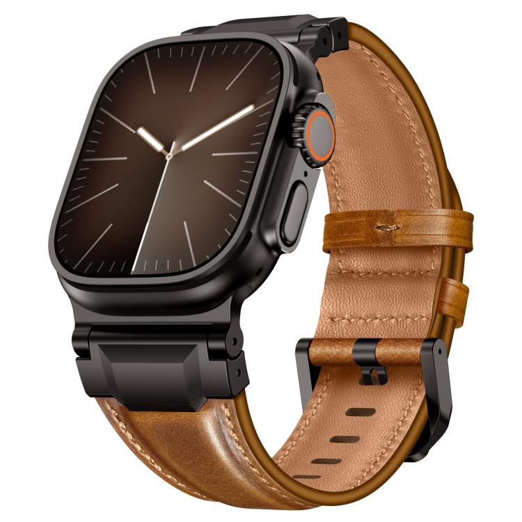 

For Apple Watch 46mm / 49mm / 45mm / 44mm Armour-style Leather Watch Band(Retro Brown Black Buckle)