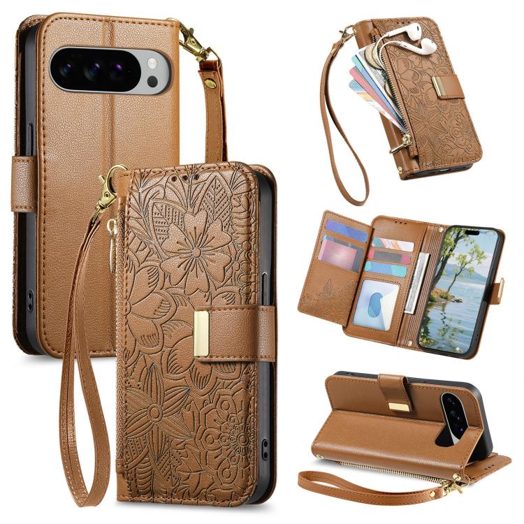 

For Google Pixel 10 Pro XL Flowers Leaves Zipper Wallet Leather Phone Case with Strap(Brown)