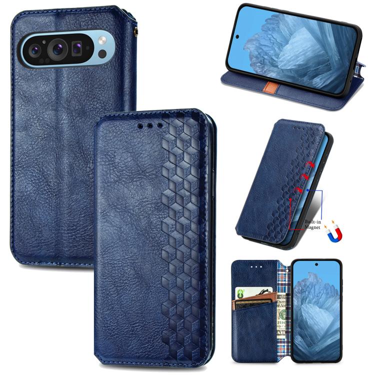 

For Google Pixel 10 Pro XL Cubic Grid Pressed Magnetic Leather Phone Case(Blue)