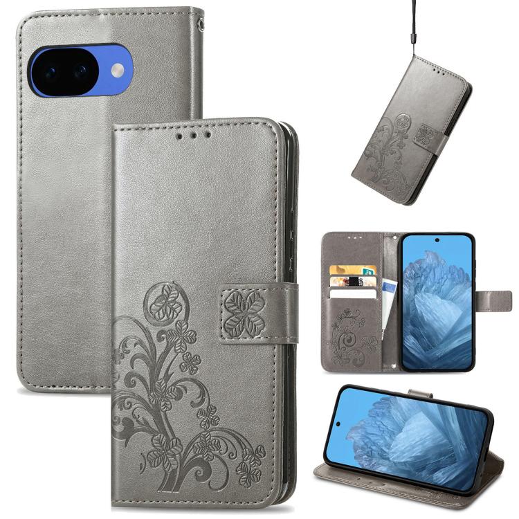 

For Google Pixel 10a Four-leaf Clasp Embossed Buckle Leather Phone Case(Gray)