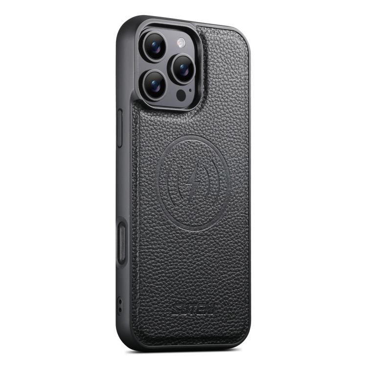 For iPhone 16 Pro Suteni G5 Large Litchi Texture Vegan Leather Magnetic Back Phone Case(Black)