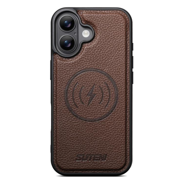 For iPhone 16 Plus Suteni G5 Large Litchi Texture Vegan Leather Magnetic Back Phone Case(Brown)