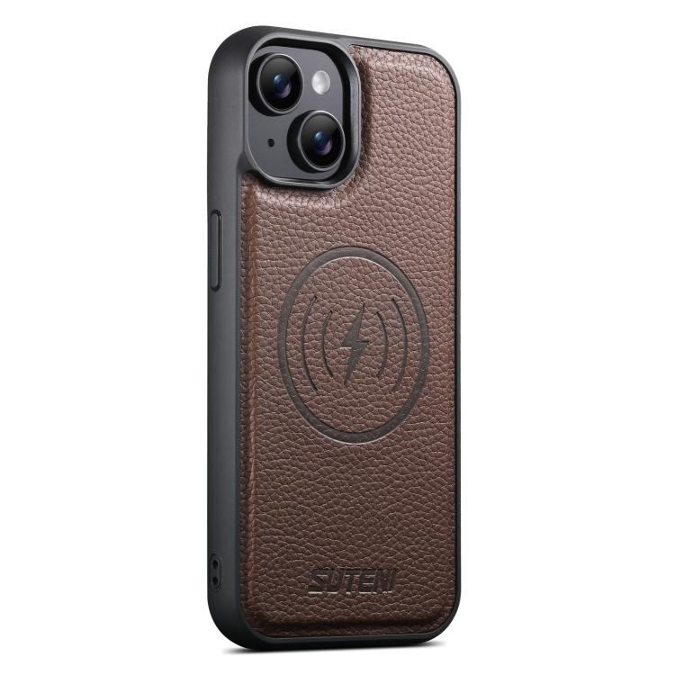 For iPhone 15 Plus Suteni G5 Large Litchi Texture Vegan Leather Magnetic Back Phone Case(Brown)