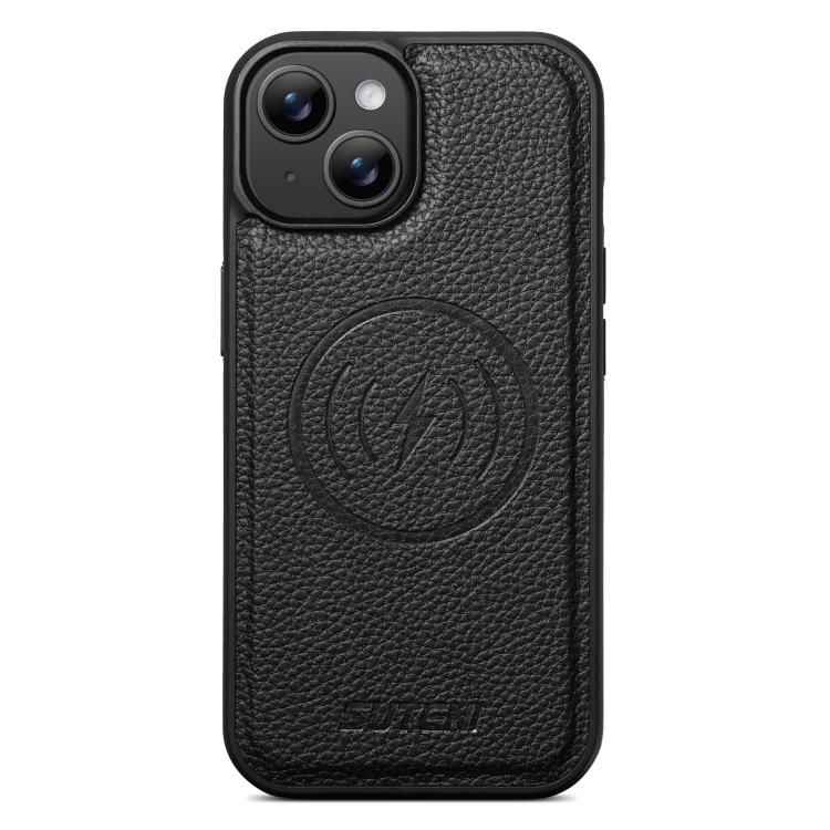 For iPhone 14 Plus Suteni G5 Large Litchi Texture Vegan Leather Magnetic Back Phone Case(Black)