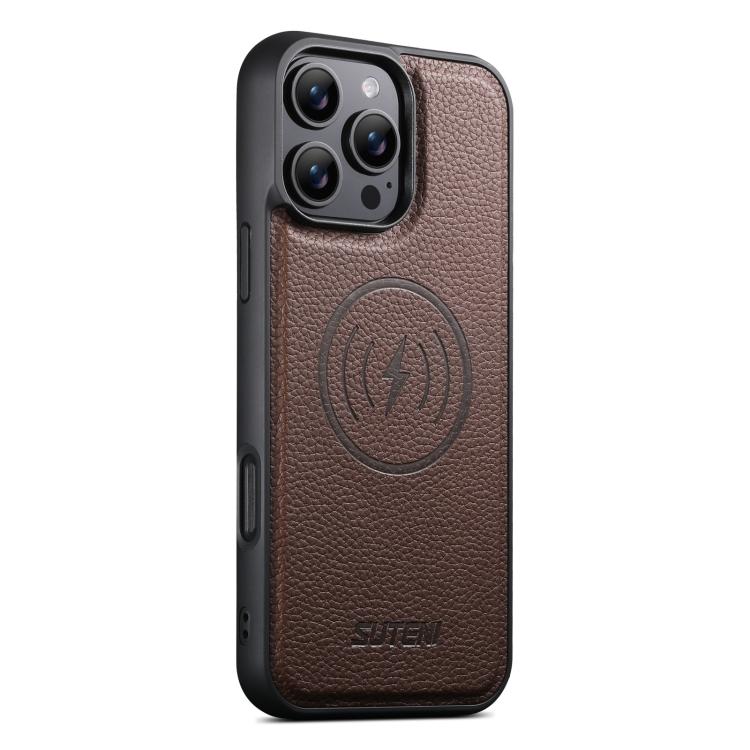 For iPhone 13 Pro Suteni G5 Large Litchi Texture Vegan Leather Magnetic Back Phone Case(Brown)