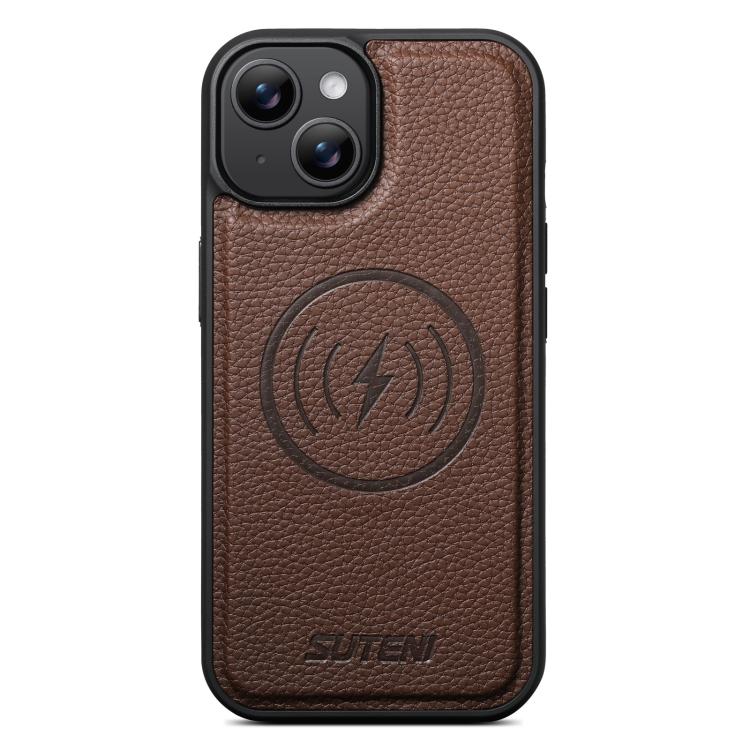 For iPhone 13 Suteni G5 Large Litchi Texture Vegan Leather Magnetic Back Phone Case(Brown)