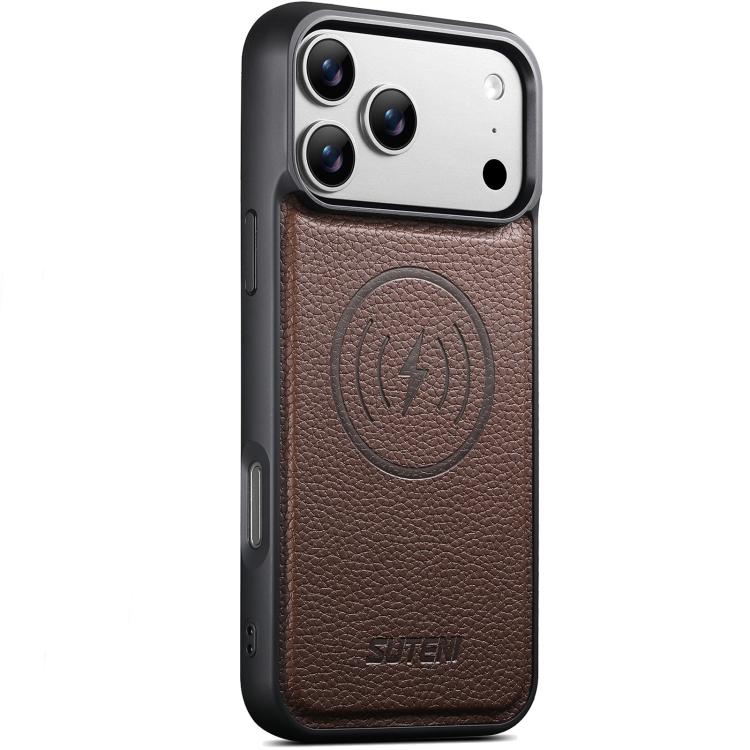For iPhone 18 Pro Suteni G5 Large Litchi Texture Vegan Leather Magnetic Back Phone Case(Brown)