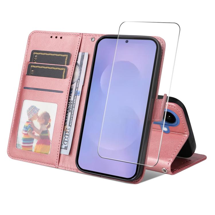 

For Samsung Galaxy S26 5G ENKAY Card Wallet Calf Texture Leather Phone Case with 0.18mm High Aluminum-silicon Glass Film(Pink)