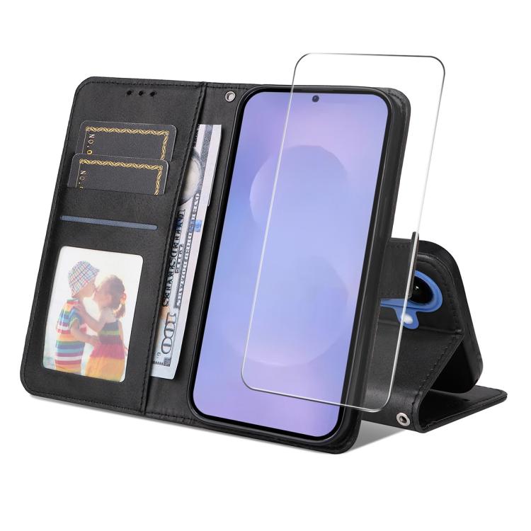 

For Samsung Galaxy S26 5G ENKAY Card Wallet Calf Texture Leather Phone Case with 0.18mm High Aluminum-silicon Glass Film(Black)