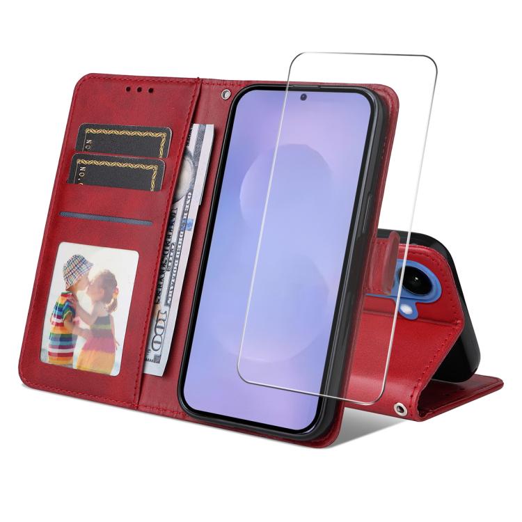 

For Samsung Galaxy S26 5G ENKAY Card Wallet Calf Texture Leather Phone Case with 0.18mm High Aluminum-silicon Glass Film(Red)