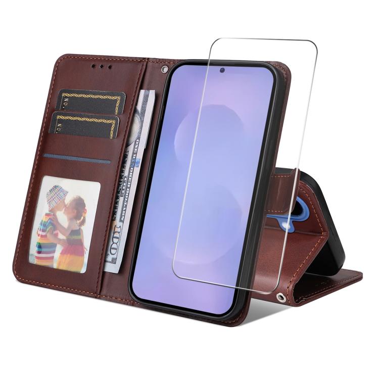 

For Samsung Galaxy S26 5G ENKAY Card Wallet Calf Texture Leather Phone Case with 0.18mm High Aluminum-silicon Glass Film(Brown)